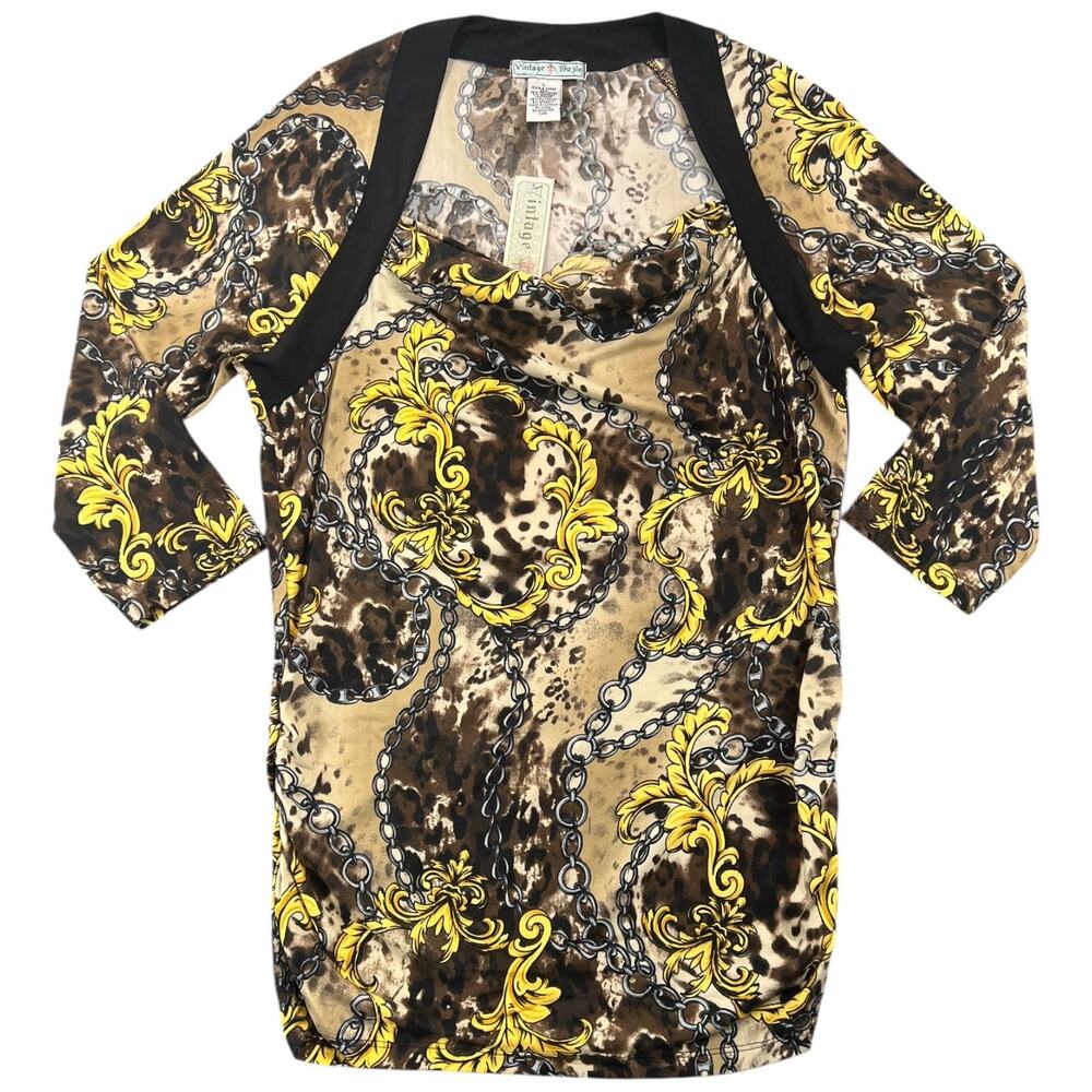 Y2K Vintage Suzie Baroque Chain Print Cowl Neck Top Brown Gold Stretch Blouse L